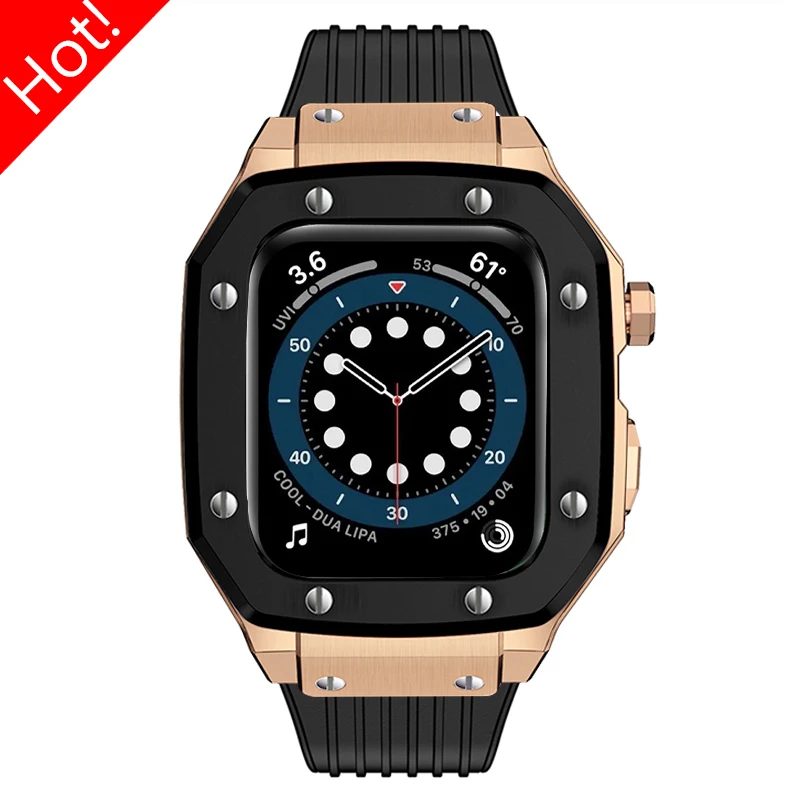 Luxury Alloy Case Modification Kit for Apple Watch Band 45mm 44mm Metal Case Bezel Frame Silicone Strap for IWatch 9 8 7 6 SE 5
