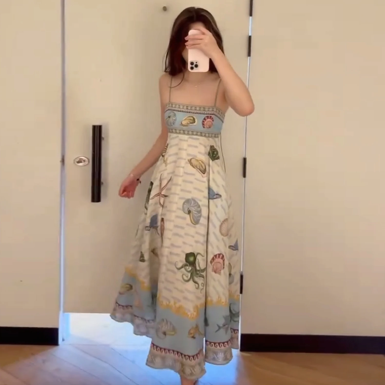 

Women Floral Print Strap Cotton Linen Sping Summer A Line Long Dress