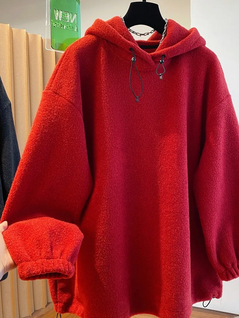 

Красная толстовка из меха ягненка, мужская, свободного кроя, весна-осень, новинка, большие размеры, повседневная, комфортная, теплая, в стиле INS