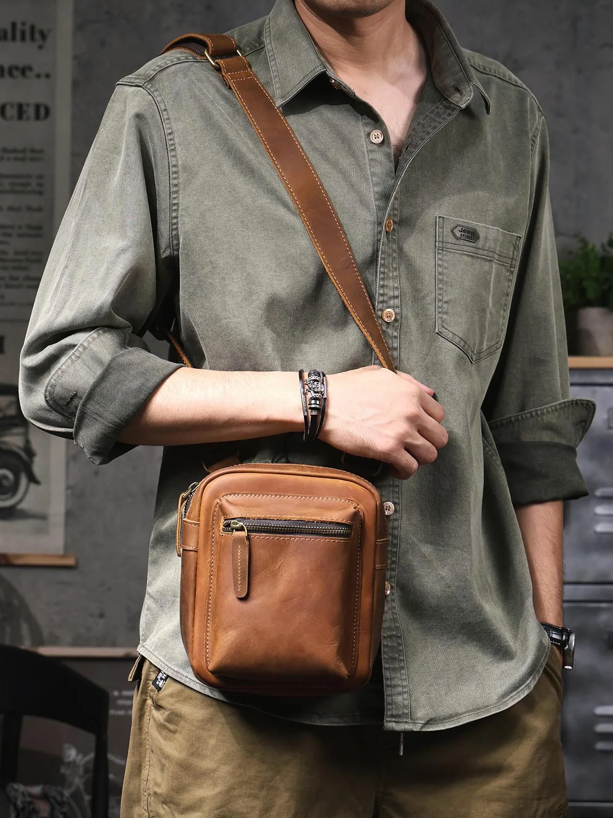 vintage crazy horse cowhide men's shoulder bag outdoor simple casual luxury natural genuine leather small phone crossbody bag