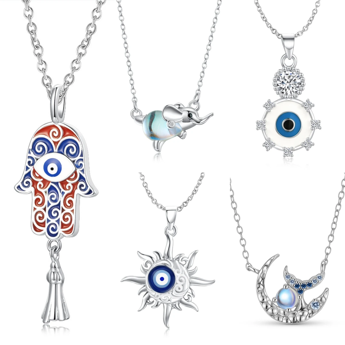 925 Sterling Silver Flying Elephant Van Gogh's Starry Moon Blue Devil Eyes Pendant Necklace for Women's Necklace Birthday Gift