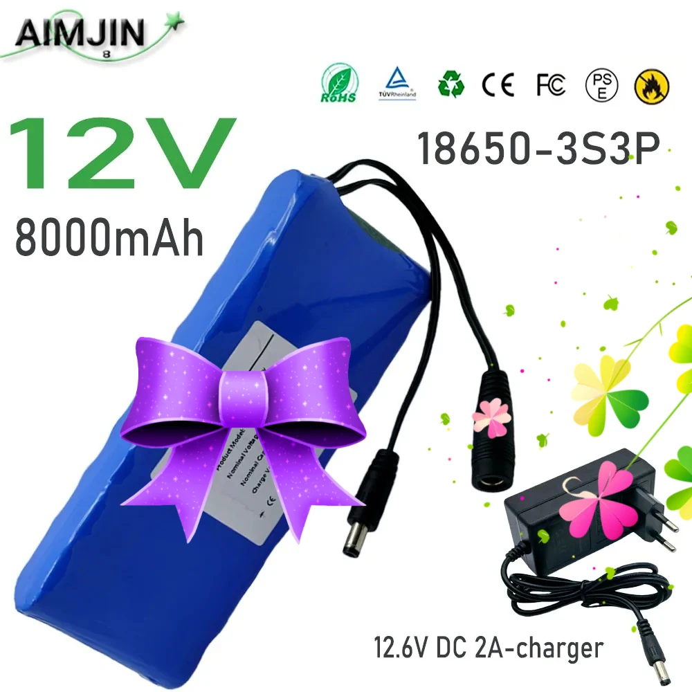 

3S3P 18650 12V Battery Pack 8000mAh High Capacity Lithium-ion Rechargeable Battery BMS Protected + 12.6V 2A Charger