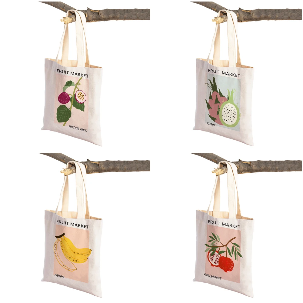 Kiwi Mango Lemon Peach Fig Banana Fruit Women Shopping Bags Casual Canvas Handbag Art Decor Music Shopper Bag Lady Tote