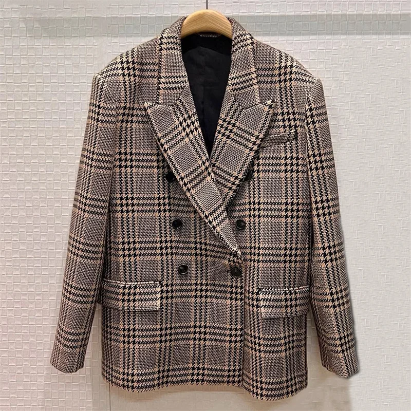 

Women's jacket New winter 2025 double breasted slim fit women's suit jacket wool blended plaid Women's coat y2k Women's blazer