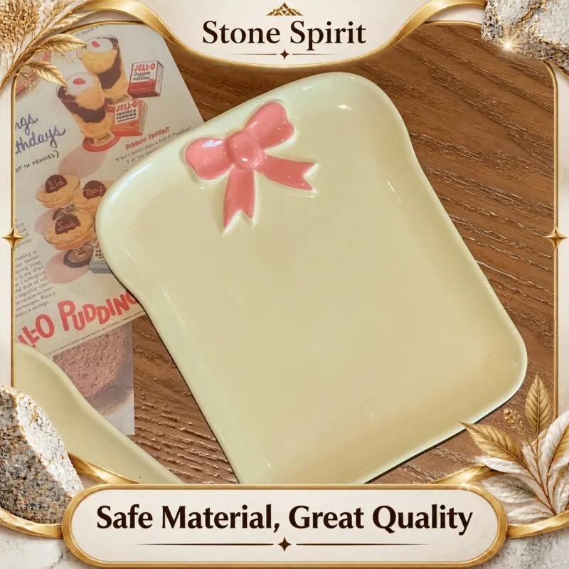 Pink Ceramic Underglaze Bowknot Square Plate - Toast Plate, Afternoon Tea Pastry Dish & Cake/Bread Plate for Daily Dining