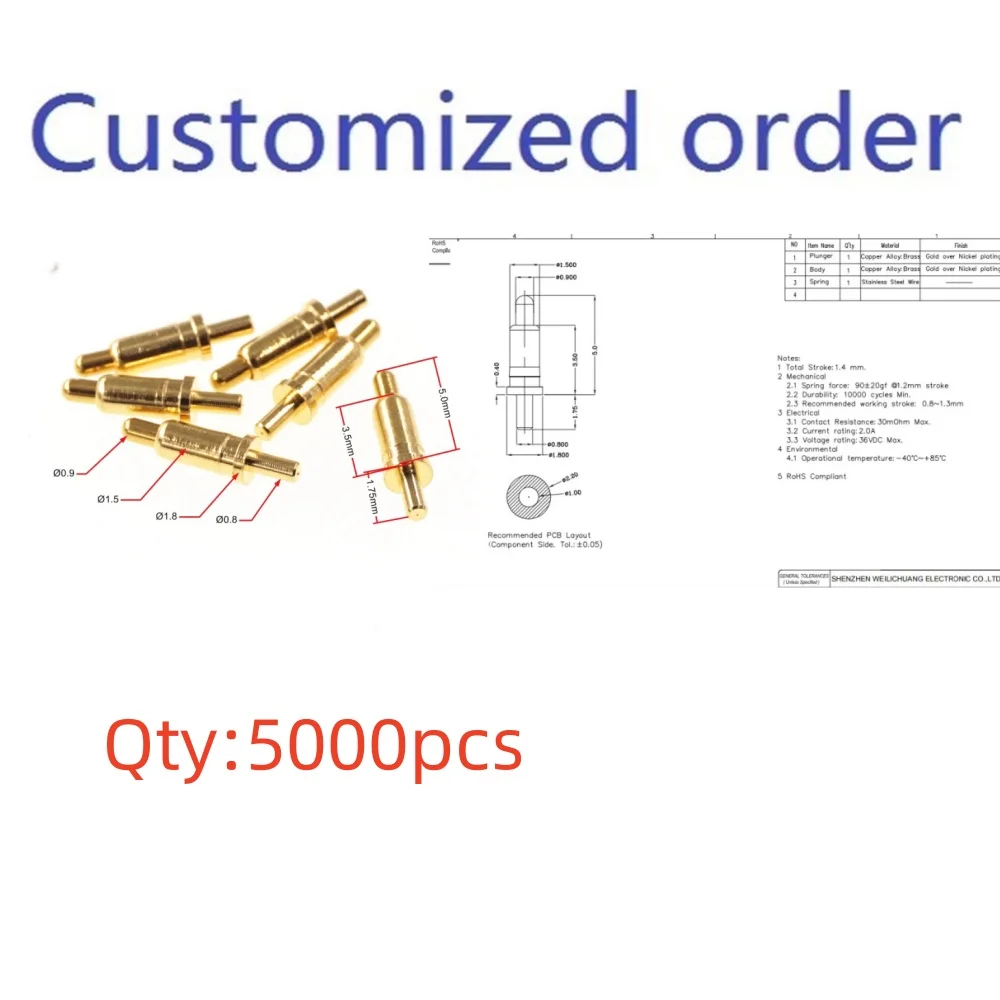 Customized Order 5000pcs Spring Loaded Pin Connector Barrel Flange Diameter 1.8 MM Height 5.0MM Vertical PCB Through Hole 2A