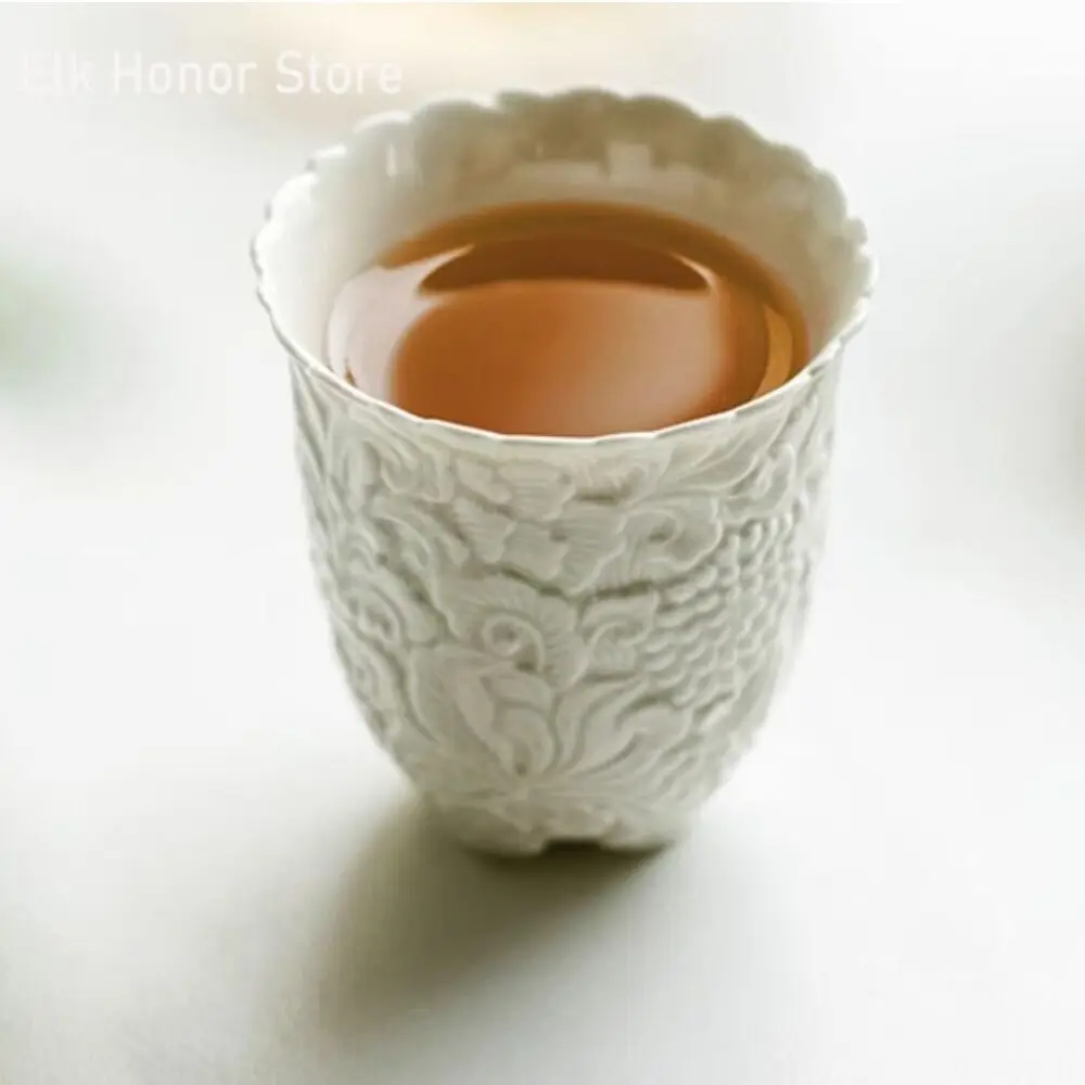 80ml Plant Gray Carved Flower Teacup Ancient Sample Tea Cup Tripodia Master Cups Fragrance Cup Household Tea Services Collection