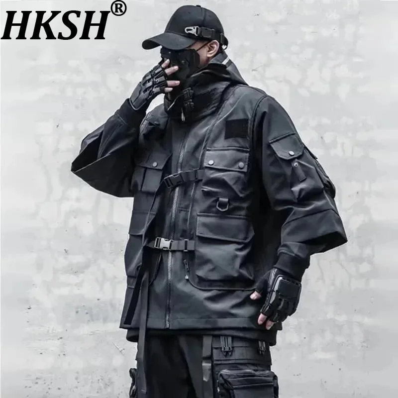 

HKSH Осенняя новая тактическая тяжелая темная куртка в стиле хип-хоп в стиле панк с карманами, мужская повседневная шикарная куртка на молнии с рукавом три четверти HK3624