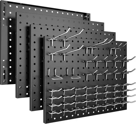 4 Pack Metal Pegboard Panels with 50 Hooks, Heavy Duty Wall Organizer for Garage Tool Storage, Home Office, Kitchen