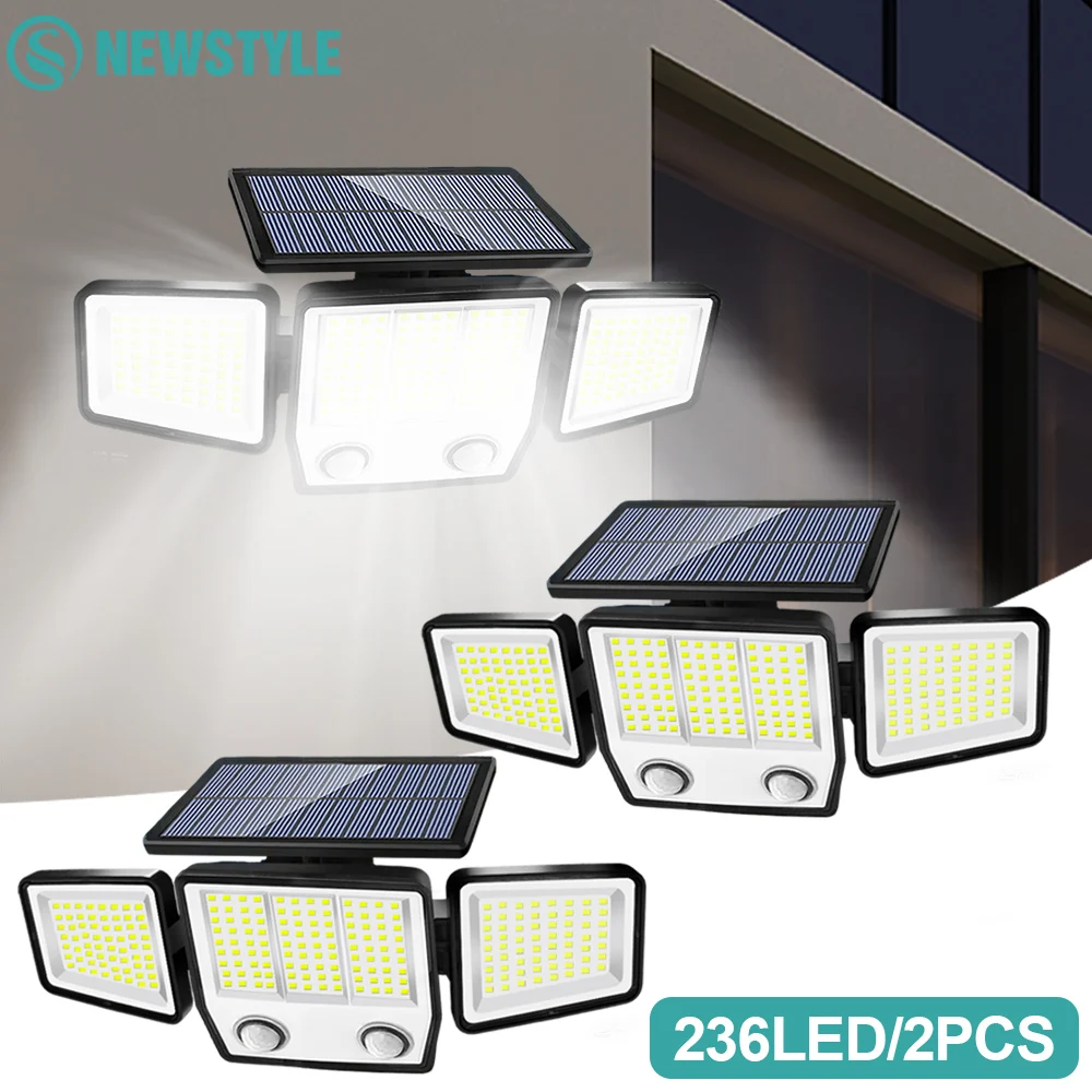 

236 светодиодных солнечных светильников с датчиком движения для улицы, суперяркие солнечные охранные светильники с 3 режимами, IP65, настенные светильники для сада и гаража