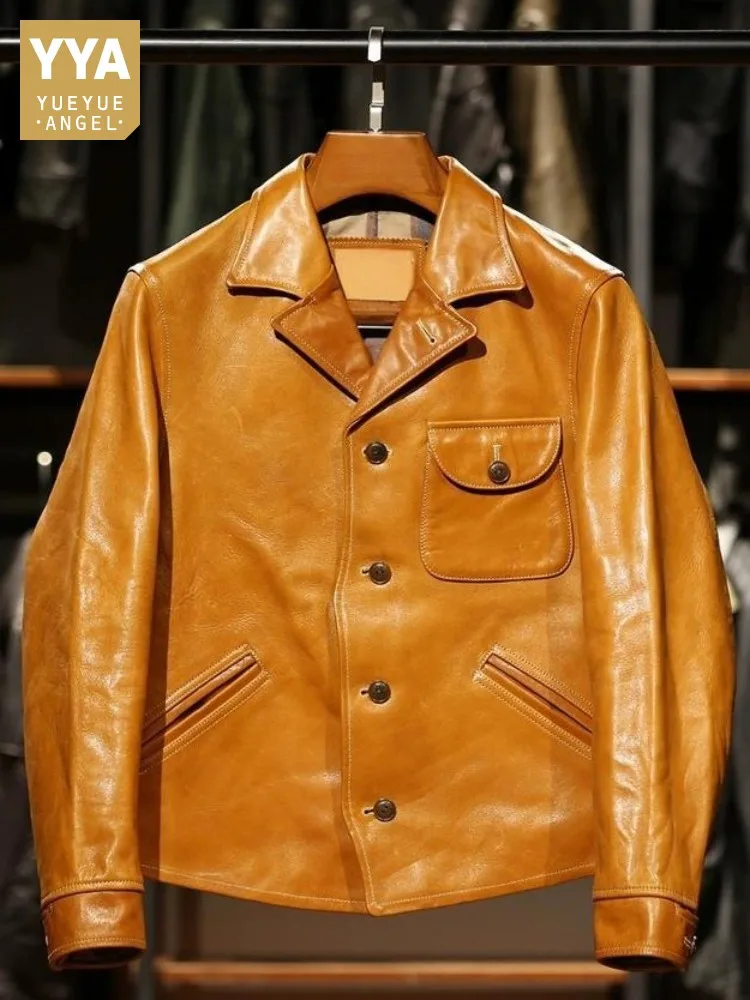 

Business Casual Solid Color Lapel Genuine Leather Short Jacket Slim Single Breasted Pocket Long Sleeves Male Cowhide Outerwear