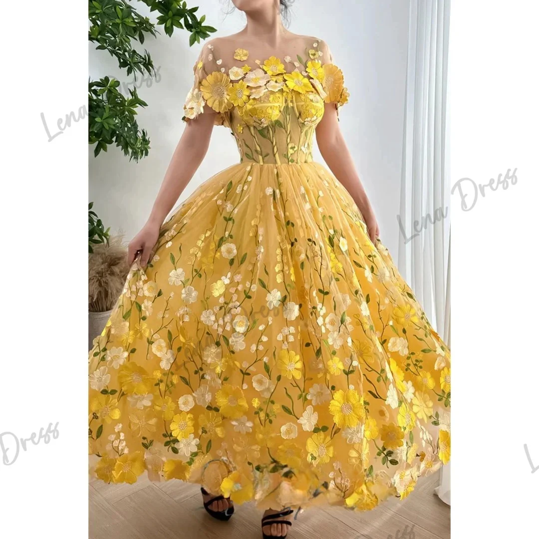 

Lena-Yellow Flower Sticker Ball Dress A-line Evening Dress Elegant Detachable Shawl and Ankle Vestidos Verano Moda 2024