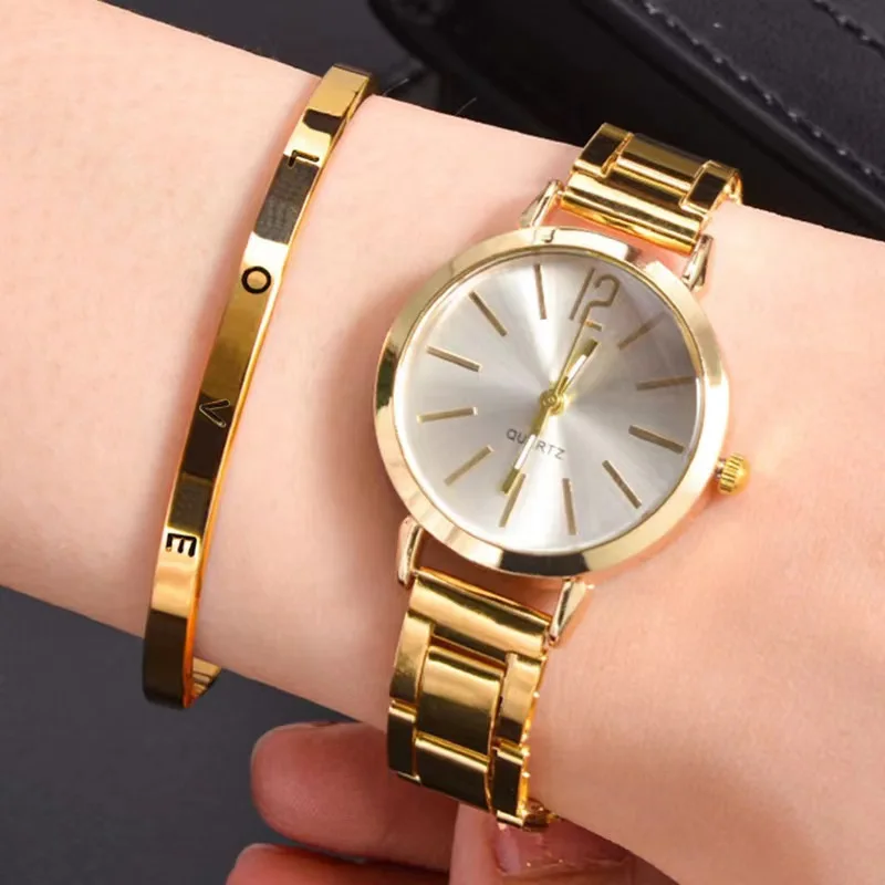 2pcs/set of Luxury Ladies' Simple Dial Alloy Strap Fashionable Gold Opening Bracelet Quartz Watch Student Ladies' Watch