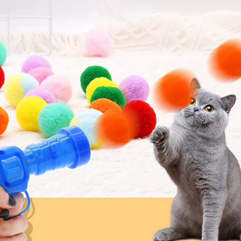 1Set Funny Cat Toys Interactive Toys Gun Plush Ball Launches High Bounce Ball Creative Kittens Mini Pompoms Pet Supplies