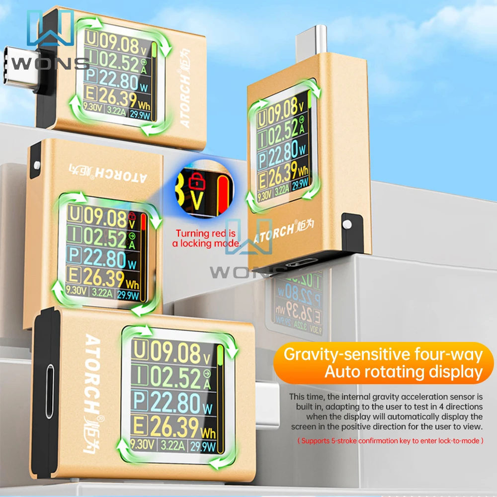 DC 4.5-50V 600W Digital Display Voltage Ammeter Power Bank Meter Type-c Cell Phone Charger TFT G-Sensor Tester