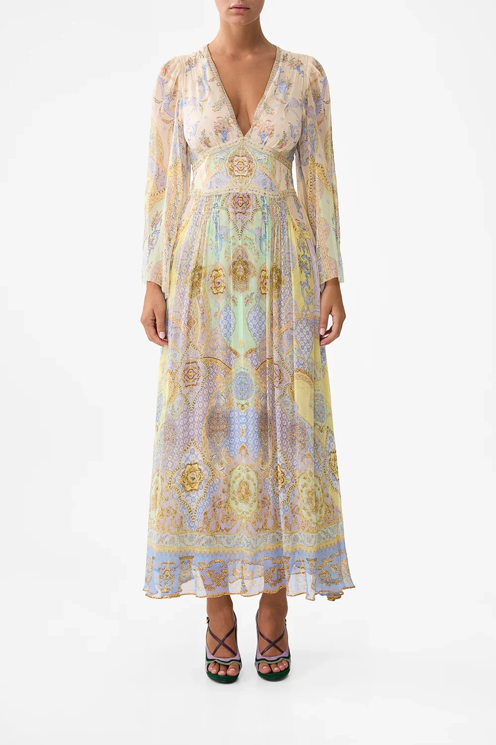 

Crystal Beaded Women 100% Silk Maxi Dress Floral Printed V-Neck Flare Long Sleeve Holiday Female Robe