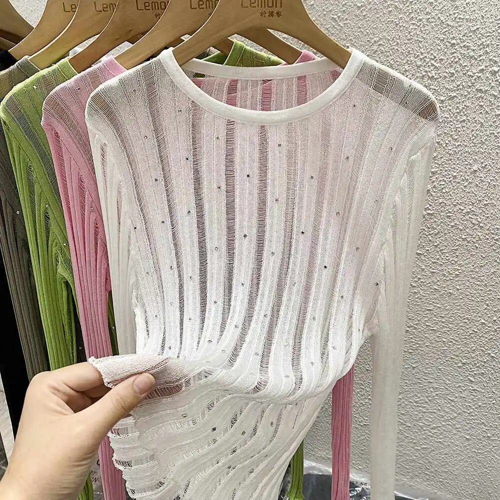 ニットセーター女性プルオーバー新しい長袖 O ネック中空ニットセータープルオーバー女性トップスセーター女性服 Q1267