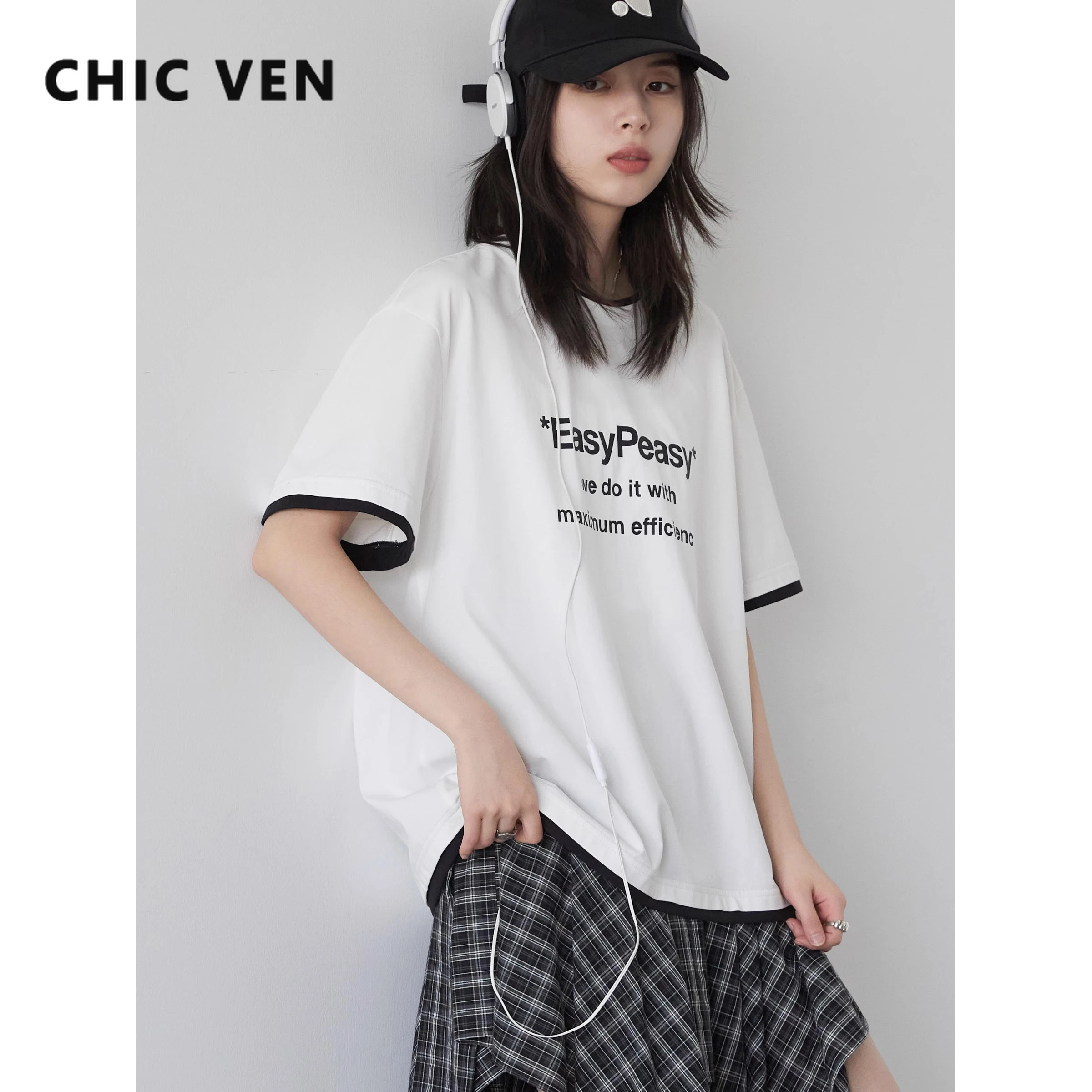 

CHIC VEN Women T-Shirts Loose Casual New Color Blocked Letter Print Cool Round Neck Girl Short Sleeved Tees Summer 2025
