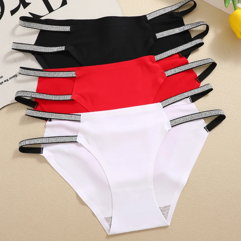 Sexy Low Rise  Hollow Out Briefs Two Shiny Belts Briefs Seamless Solid Color Underwear Female Breathable Intimates Soft Lingerie