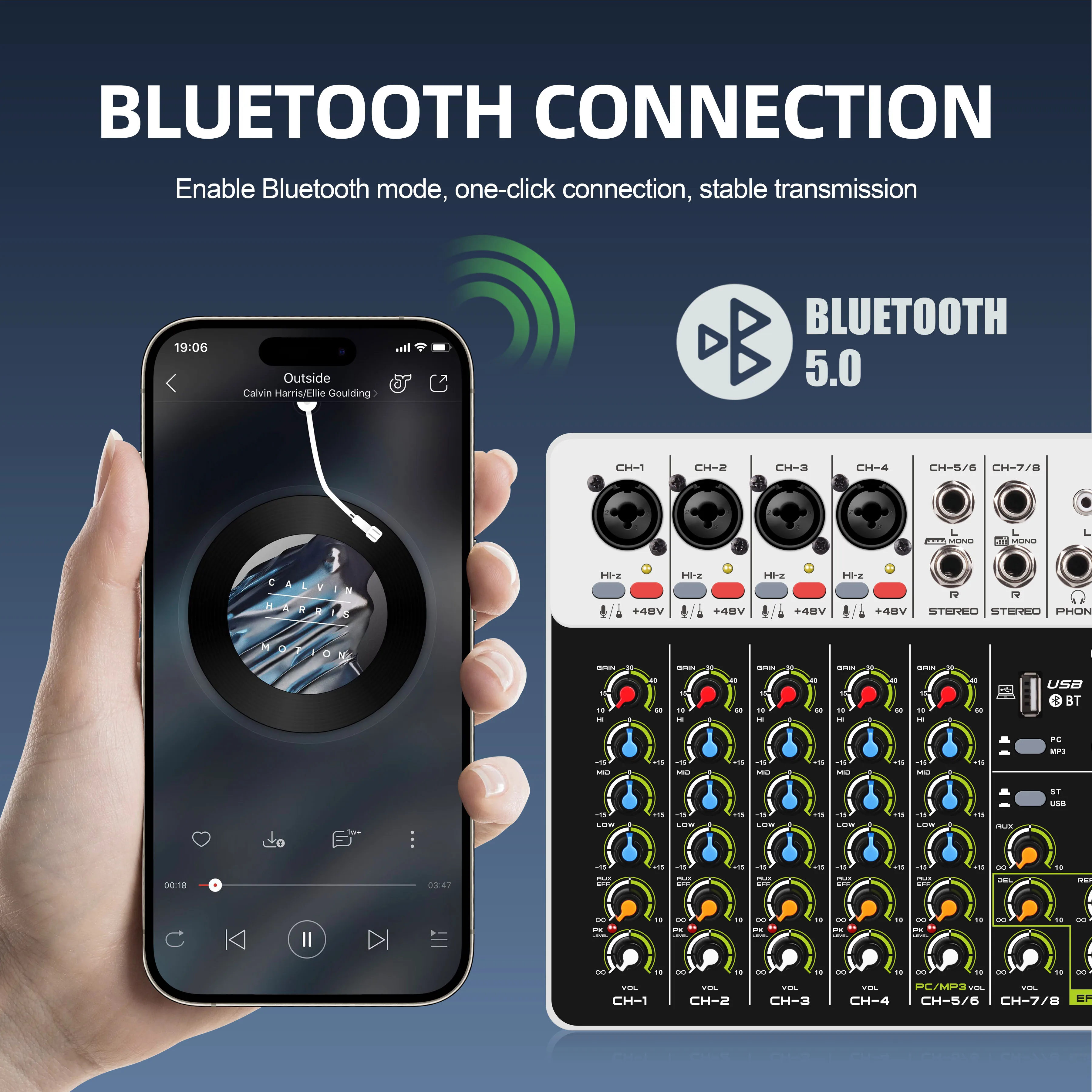 IKGE V8 audiomixer met Bluetooth 5.0 48V fantoomvoeding, geluidsarme vloer voor mengpaneel PC-opname vertraagde replay-effecten