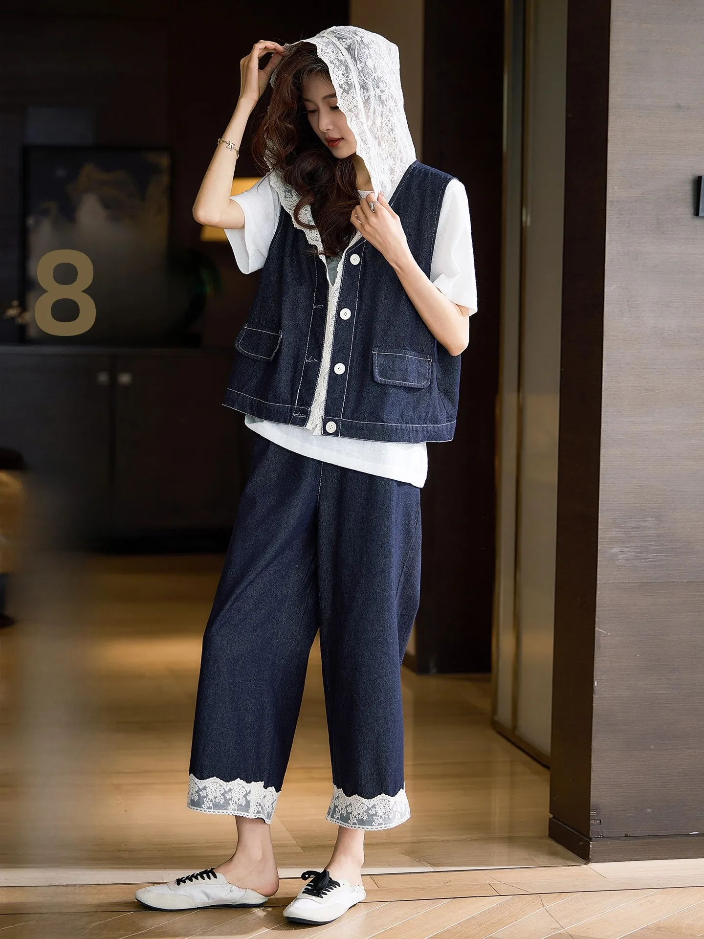 

Lace Outfit Women's plus Size Spring New Street Style Three-piece Set Cotton High Waist Jeans Short Sleeve Top