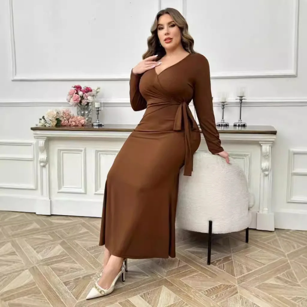 Coffee Plus Size Basic Wear Casaul Dress Women's Fashion French Style Design Side Lace-Up V Neck Bandage Long Sleeve Maxi Dress