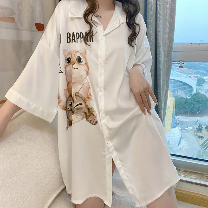 Summer Cardigan Women Pajamas Popular Free Styles for Girls Loose and Lazy Sleepwear Casual Home Dress Woman Nightgown