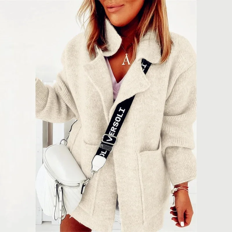 

2024 Women Elegant Knitted Sweater Cardigan Jacket Retro Warm Pocket Long Sleeve Jacket Top Autumn and Winter Lapel Tops New