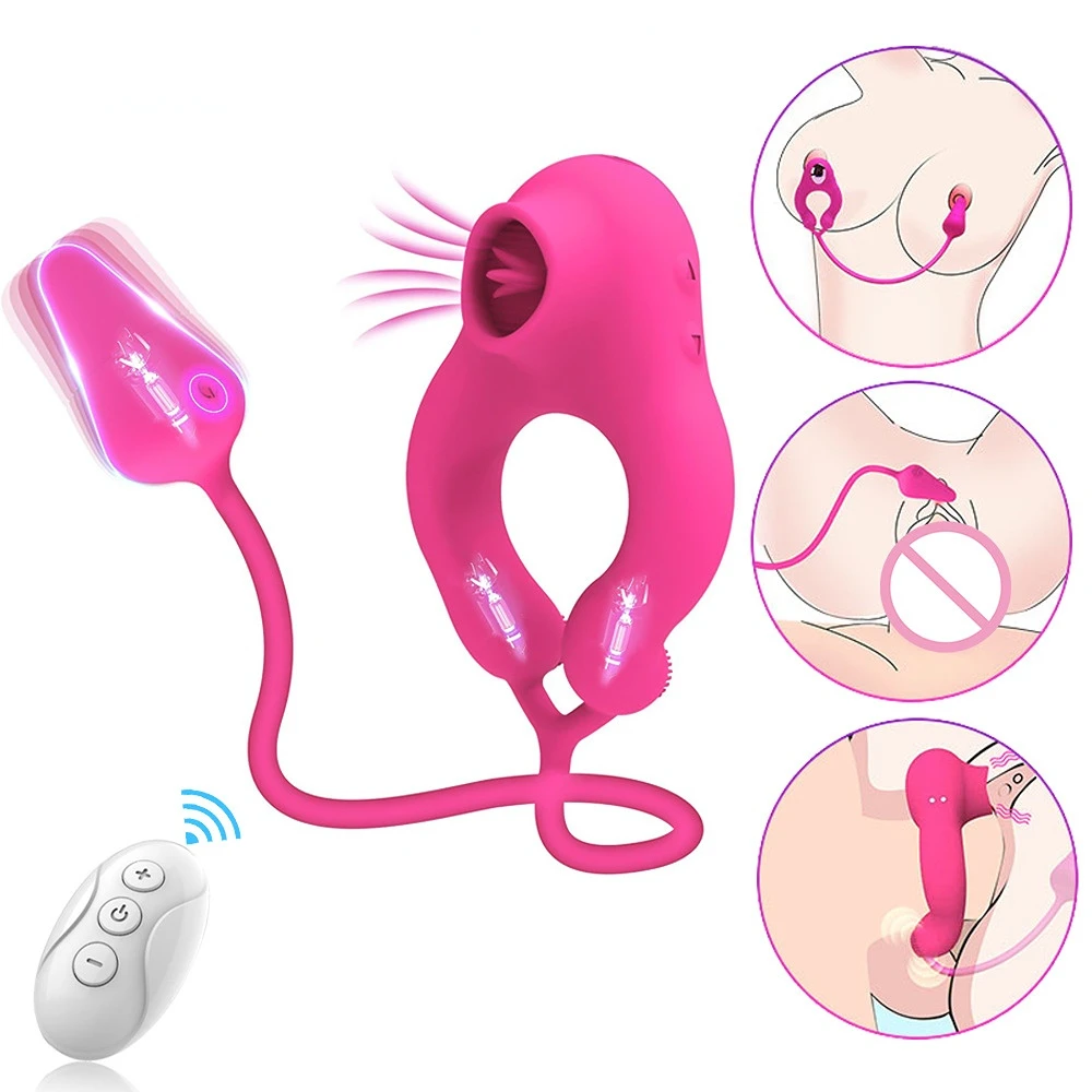 Wireless Tongue Licking Nipple Clitoris Stimulation Vibrator Sex Toy Vibration Locking Penis Ring Adult Toys for Women Couple