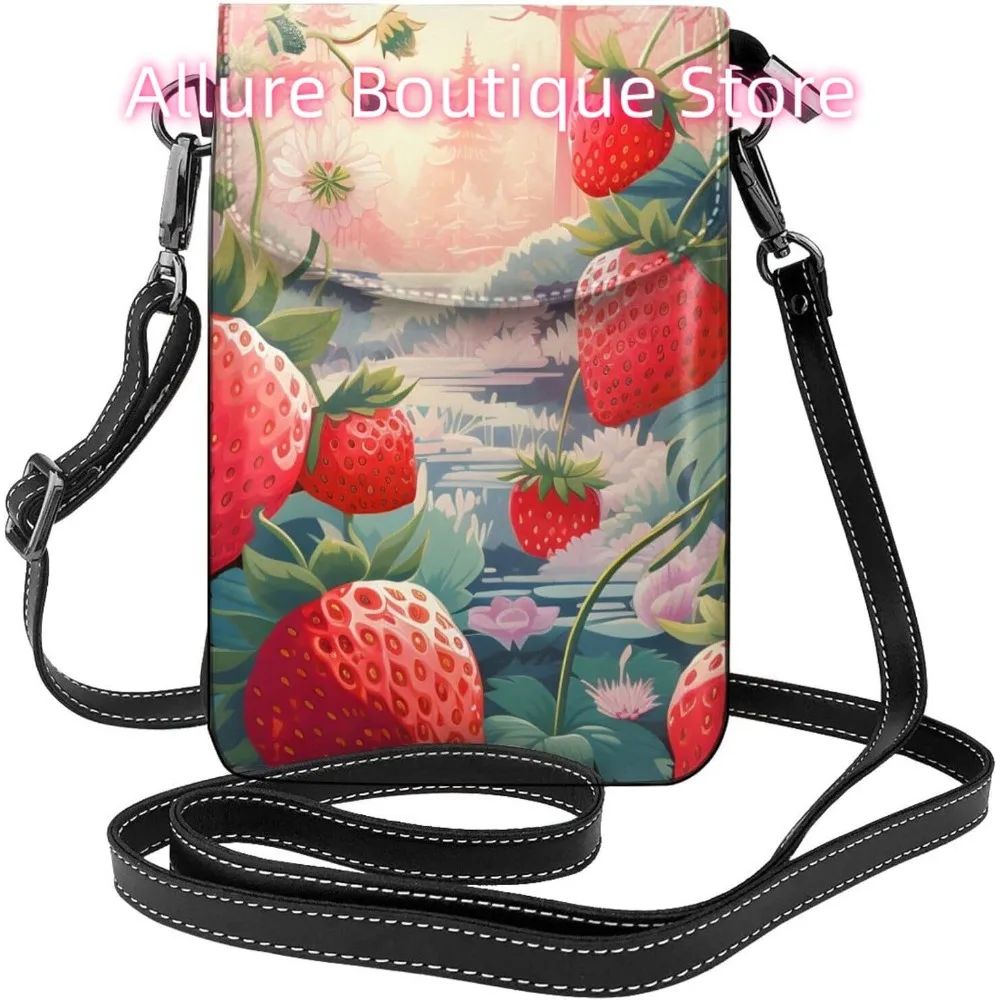 

Funny Strawberry Fruit Crossbody Bag for Women PU Leather Small Travel Cell Phone Pouch Lightweight Mini Phone Purse Wallet Cros