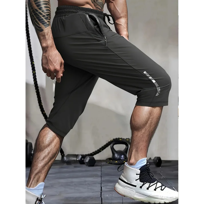 Men's Summer Casual Sports Shorts High Elastic Waist Drawstring Cropped Pants Seven Running Basketball Beach Sweatsuit Black
