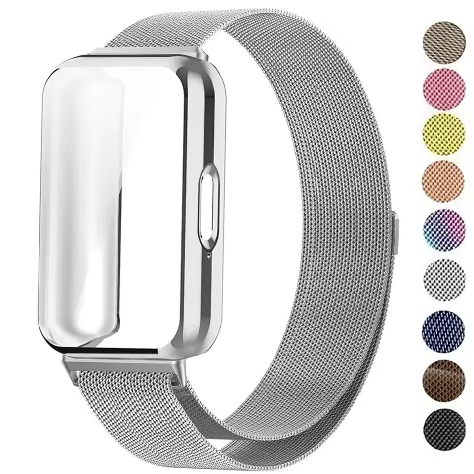 Neues Metallarmband für Samsung Galaxy Fit 3-Band mit TPU-Gehäuse, Displayschutzfolie, weicher Film, Ersatz, Milanaise-Magnetschlaufenband