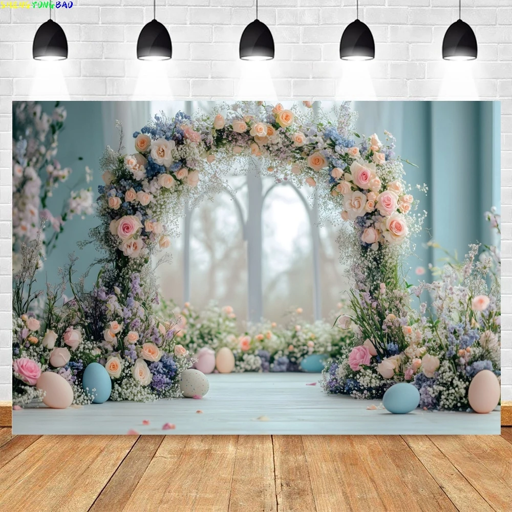 

Spring Flowers Happy Easter Photography Background Rabbit Bunny Eggs Wooden Door Baby Shower Kids Birthday Party Decor Backdrop