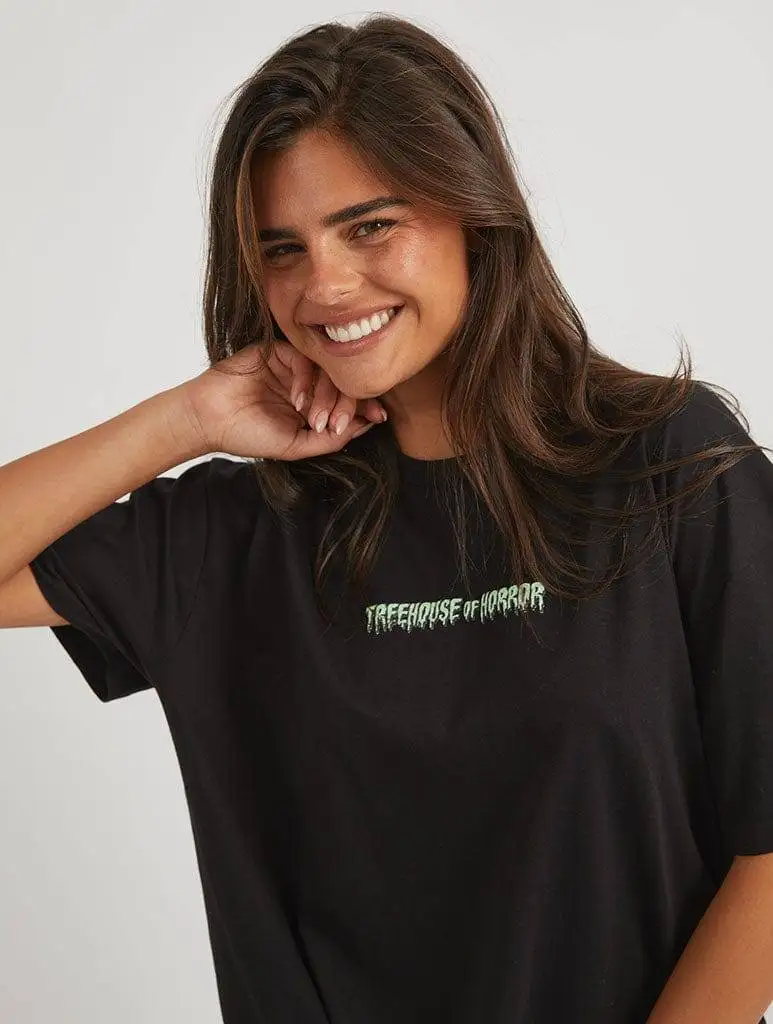 Camiseta Simpsons Treehouse of Horror para mujer, Camiseta de algodón negro con estampado de alienígena de Kang Kodos, camiseta gráfica informal holgada con tema de Halloween