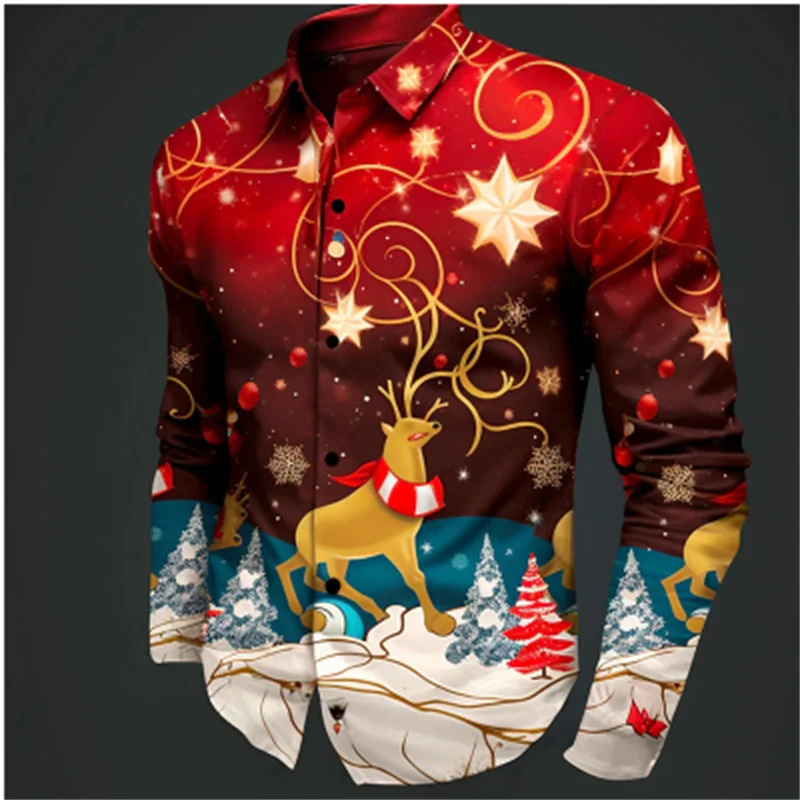 3D Printed Santa Claus Christmas Tree Casual Men's Shirt Fall and Winter Cuffed Long Sleeve Four-Way Stretch Shirt 2023 stop