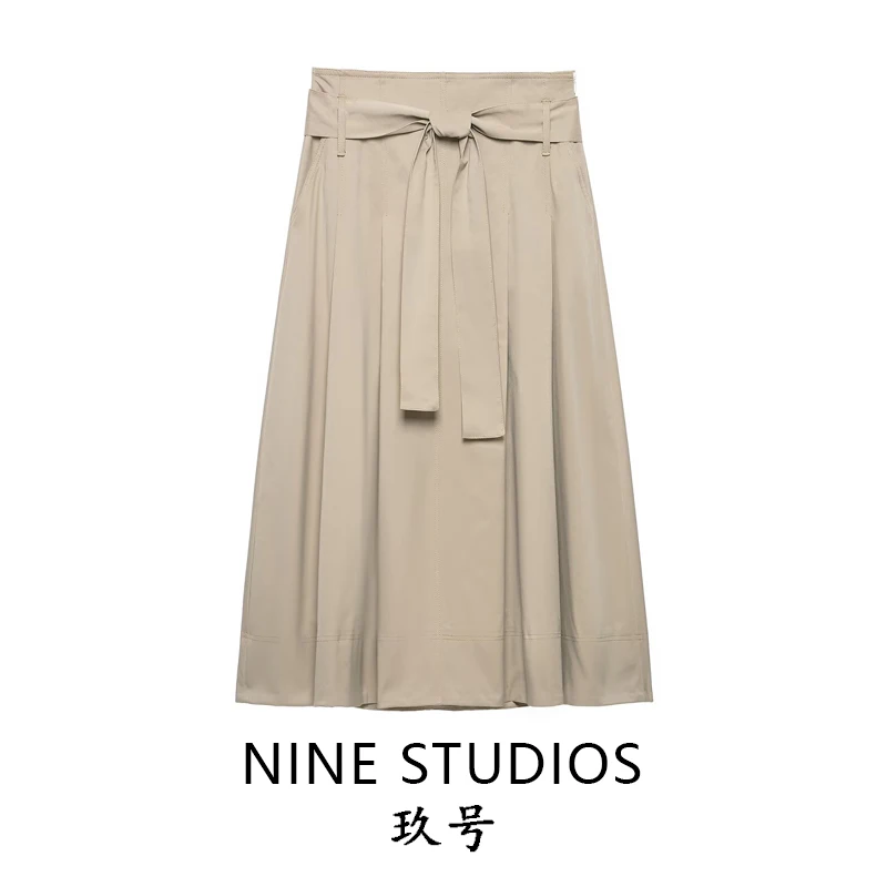NINE ZAR Midi Skirt Casual mid Waist with Belt Pure Color A-Line Half Body Skirts for Women Zipper Style Standard Fit