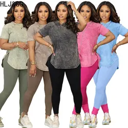 HLJ&GG Casual Solid Color Sporty Two Piece Sets Women Round Neck Short Sleeve Top And Skinny Pants Tracksuit Casual 2pcs Outfits