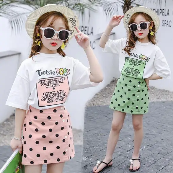 

Children Clothing Sets Summer Girls Outfits Suit Letter Short Sleeve Tops+Short Skirt 2 Pcs Girls Clothes 3 4 6 7 8 10 12 Years