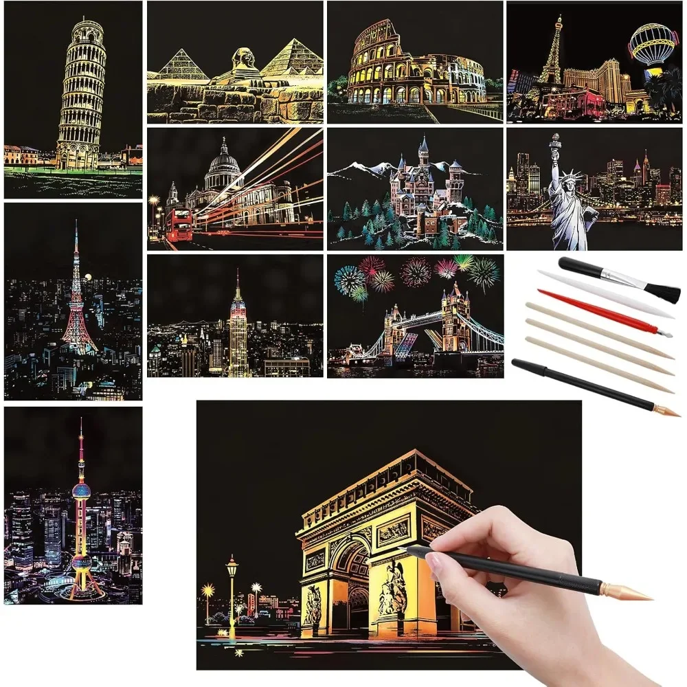 

Радужная бумага для царапин и набор инструментов для царапин, серия City Night Scene Scratch Art для взрослых и детей