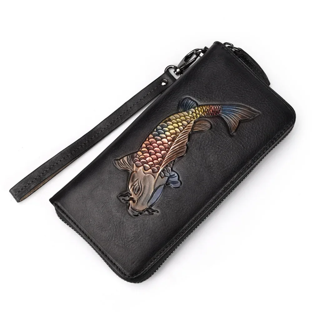 Vintage Wallet Long Zipper Leather Vintage Tree Paste Leather Wallet Casual Top Layer Cowhide Clutch Bag Phone Bag