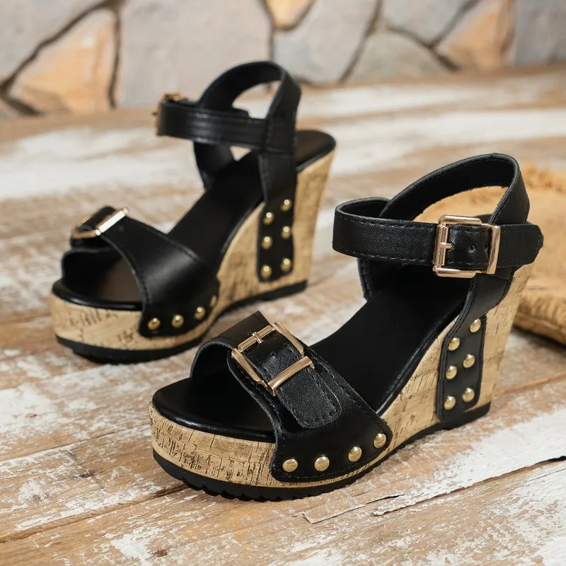 

Women'S Summer Wear Beach Shoes American Retro Slope High Heel Sandals Fashionable Black Buckle Slope Sandals Zapatos Para Mujer
