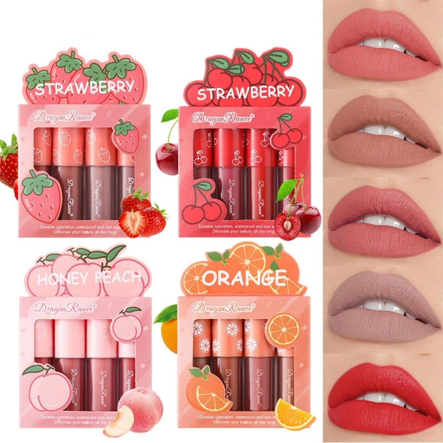 Velvet Matte Lip Glaze Set, Non-Fading, Non-Stick Cup, Fruit Makeup Lip Gloss, Four Mini Set