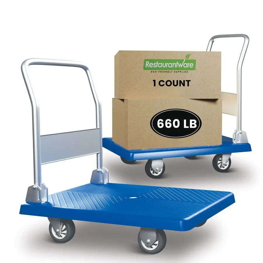 

Clean 35.5 x 23.25 x 27.75 Inch Platform Cart, 1 Large Flat Hand Cart 660Pound Capacity, Foldable Handle, Blue Plastic Flatbed D