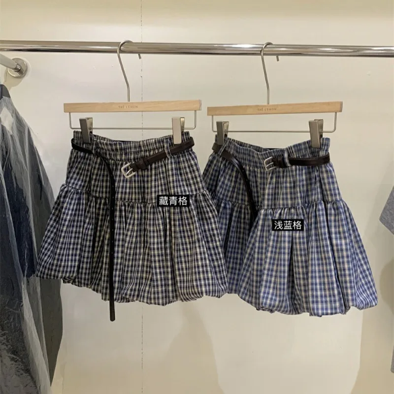 2025 Korean Checked Bud Puffy Skirt Summer New High-waisted Skirt with Belt