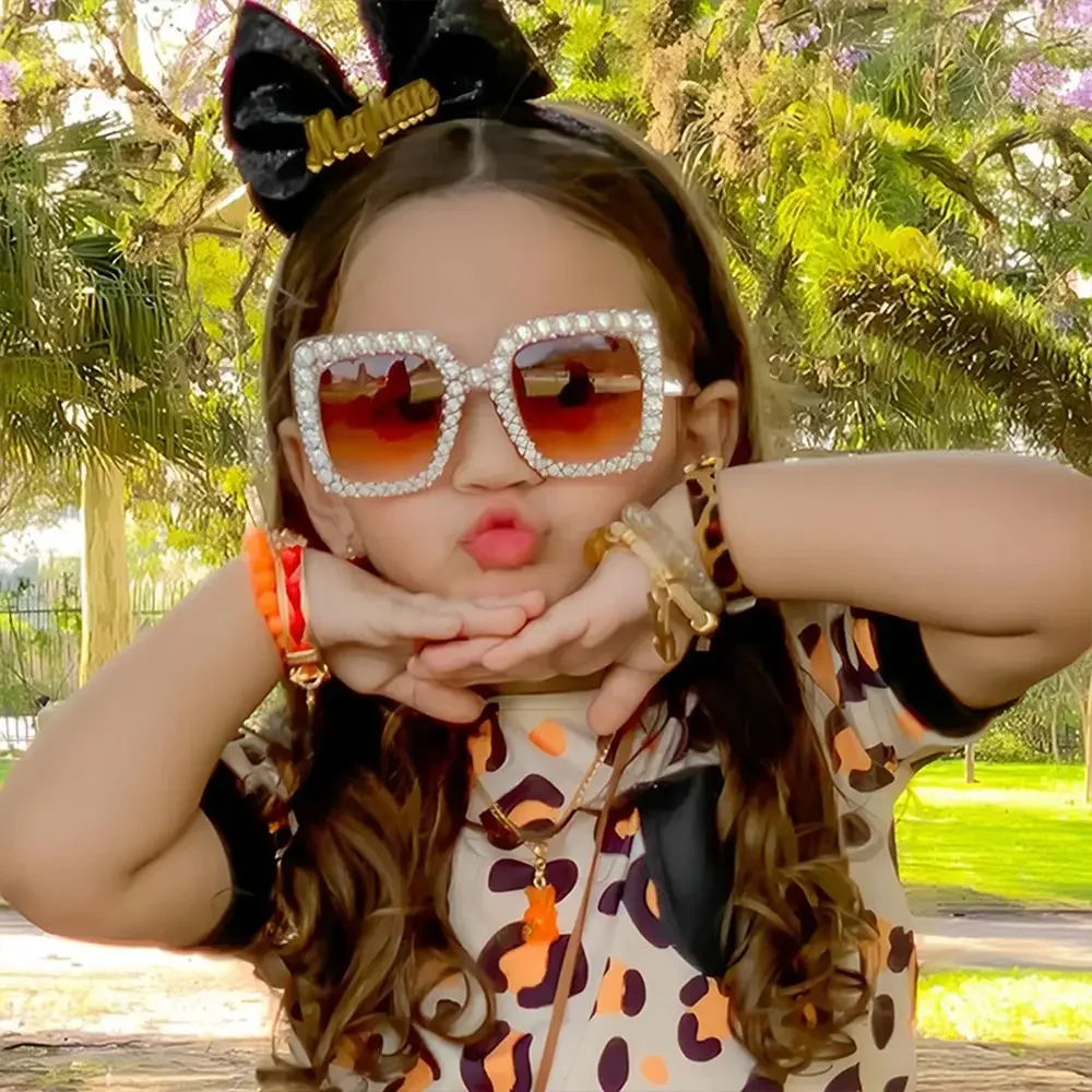 Cute Kids Sunglasses Rhinestone Diamond Children Square Sunshades Girl Boy Colorful Lens Sparkling Princess Sun Glasses Trendy