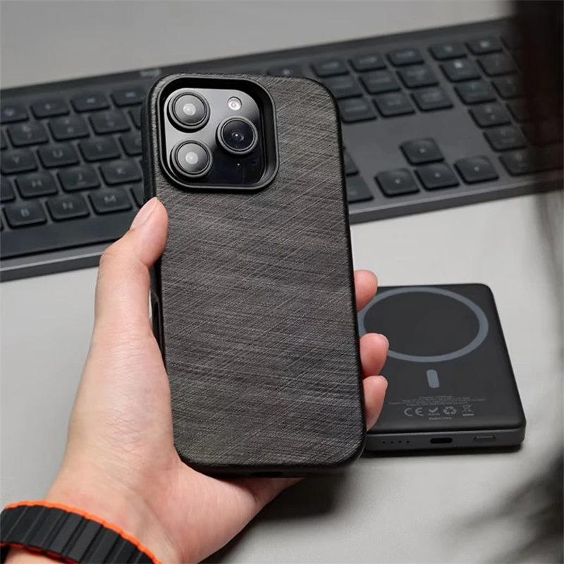 

Trendy Silk Leather Texture Magsafe Magnetic Phone Case For iPhone 16 15 14 Pro Max Plus Wireless Charging Alloy Lens Hard Cover