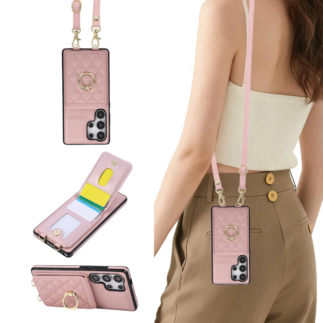 

Crossbody Grid Leather Card Wallet Case For Samsung Galaxy S24 Plus S25 S26 Ultra S23 FE S22 A07 A56 A36 A26 Cover Ring Stand