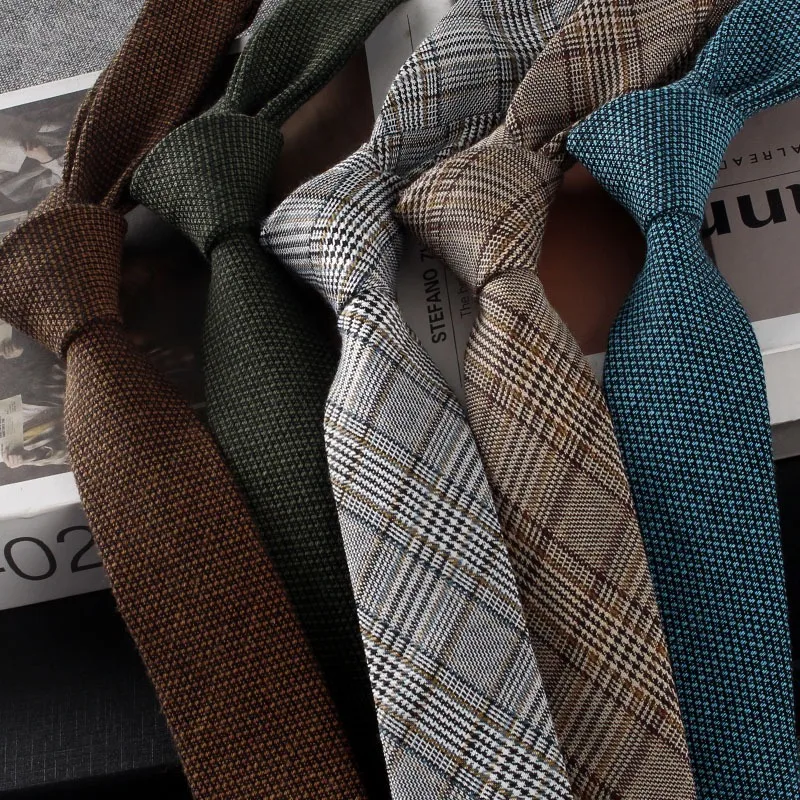 Fashion Narrow 6cm Brown Neckties Cotton Linen Gray Plaid Neck Ties For Men Adult Elegant British Style Shirt Accessories Cravat