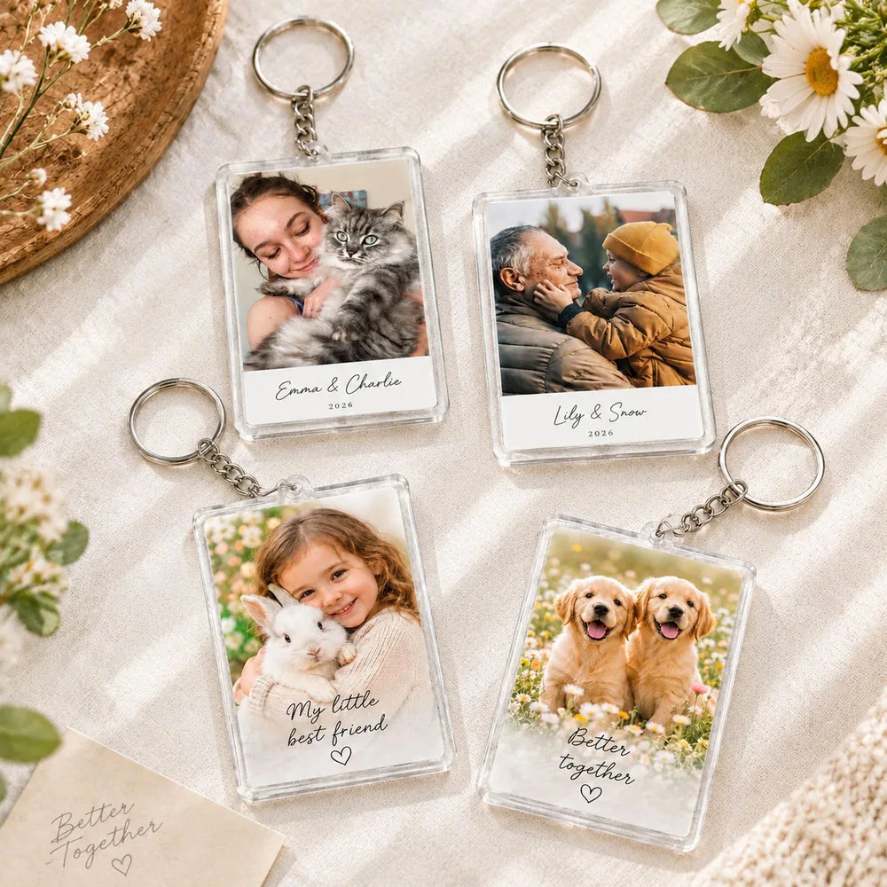 Custom Photo With Text Acrylic Keychain Rectangular Pendant Personalized Picture Names Memorable Keyring Gift For Family/Friend