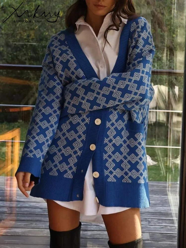 Knitted Blue And White Cardigans Oversized Women Green Knitted Print Jackets With Pocket Long Cardigans For Women 2022 Winter